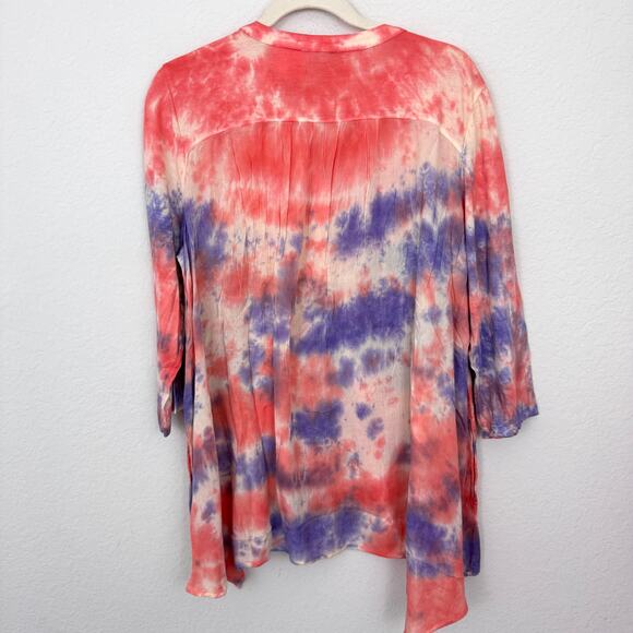 LOGO By Lori Goldstein Womens India Button Shirt Watercolor Mixed Fabric Orange - Picture 4 of 9